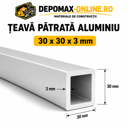 Teava patrata aluminiu 30 x 30 x 3 mm, 6 metri (EN AW-6060)